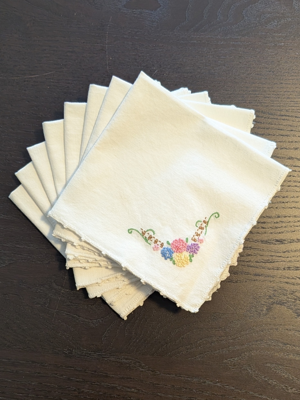Vintage White Floral Hand Embroidered Cotton Napkins - Set of 8